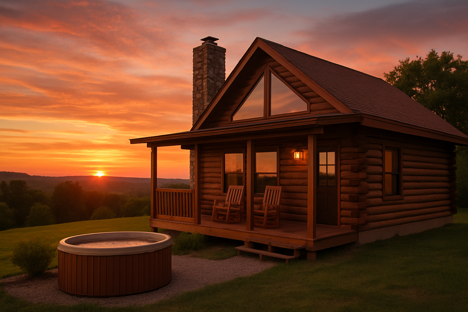 Cozy log cabin with a hot tub and sunset views, perfect for romantic getaways in Texas Hill Country.
