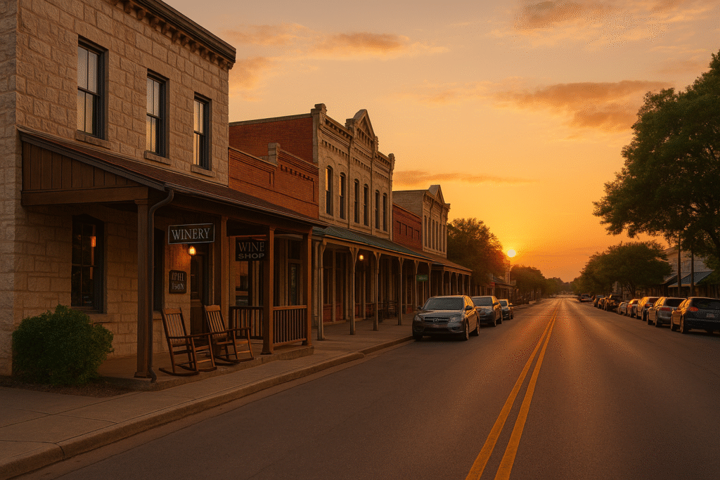 Sunset over a charming street in Fredericksburg, highlighting wineries and boutiques, ideal for the Best Romantic Getaways in Texas You’ll Actually Remember.
