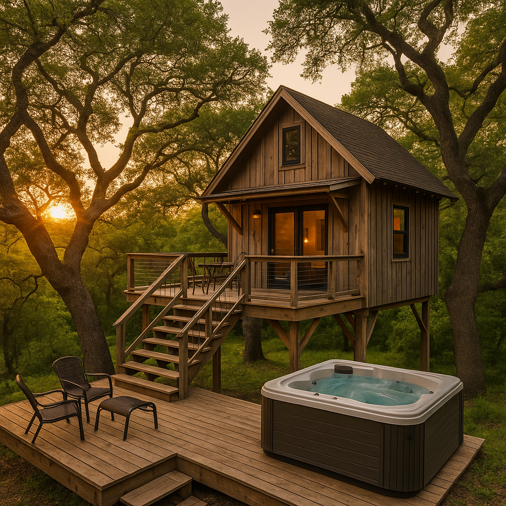 Rustic treehouse cabin with a private hot tub surrounded by oak trees, perfect for Quick Romantic Getaways Near Austin.