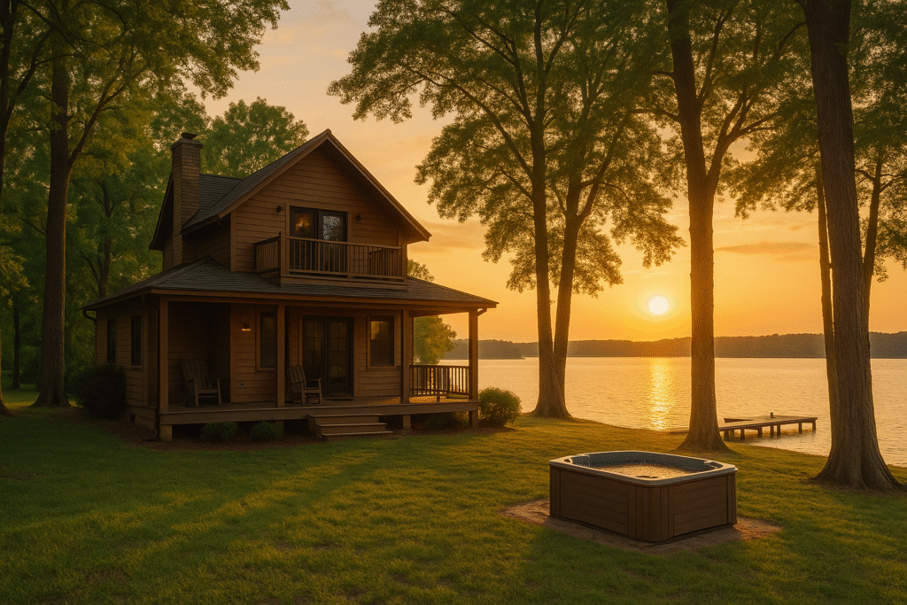 Cozy lakeside cabin with a hot tub at sunset, offering peaceful vibes for North Texas Escapes That Don’t Feel Overdone.