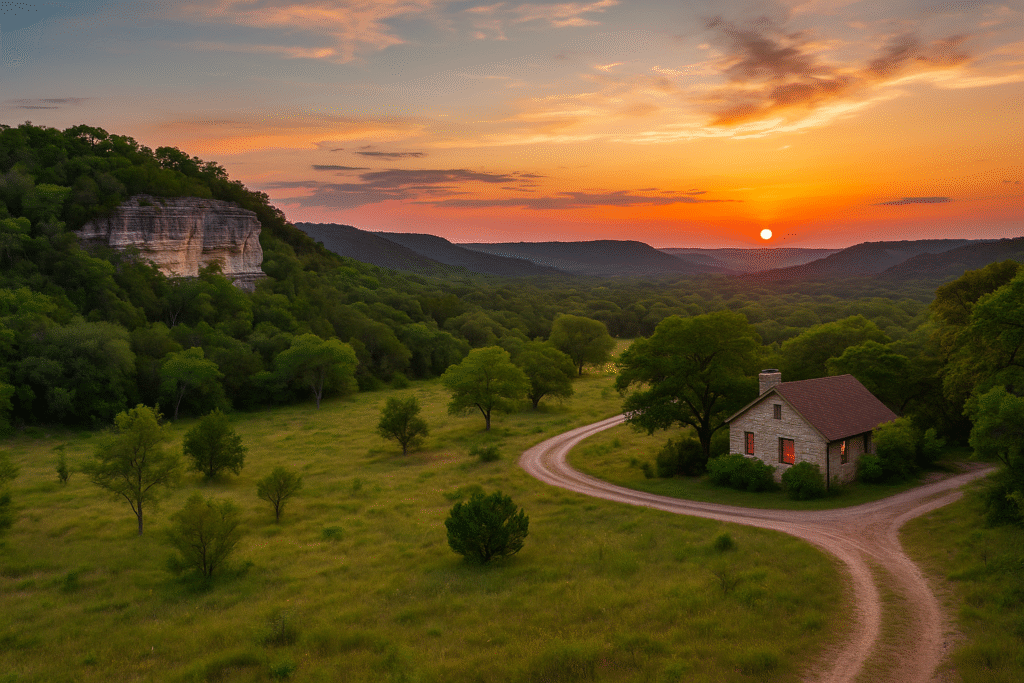 Scenic sunset view of Texas Hill Country with rolling hills, a winding dirt road, and a cozy stone cottage—perfect for romantic getaways in Texas Hill Country.