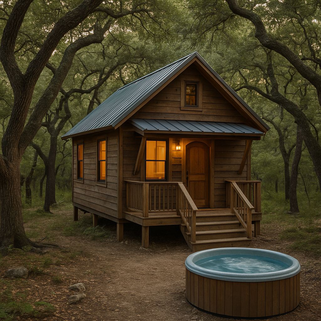 A rustic wooden cabin with a hot tub under oak trees, capturing the peaceful charm of Wimberley: The Place You Go to Just Slow Down.