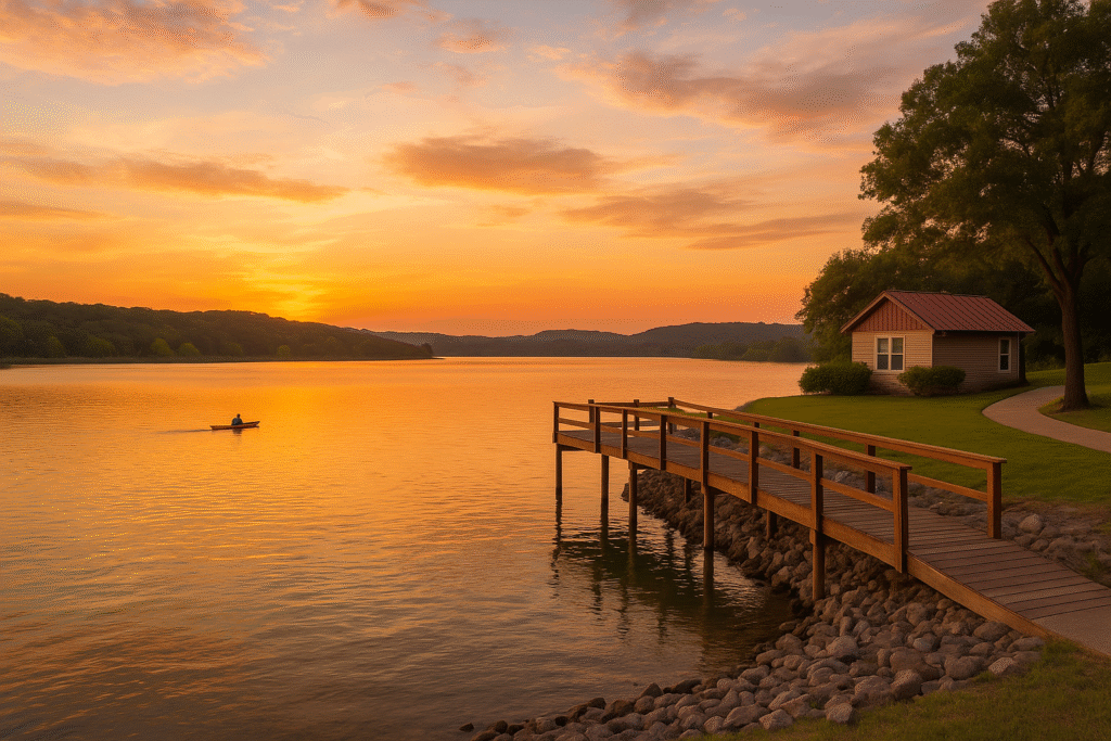 A peaceful lakeside pier with a kayaker at sunset, showcasing the serene beauty of Marble Falls: Lakeside Romance and Sunset Views.