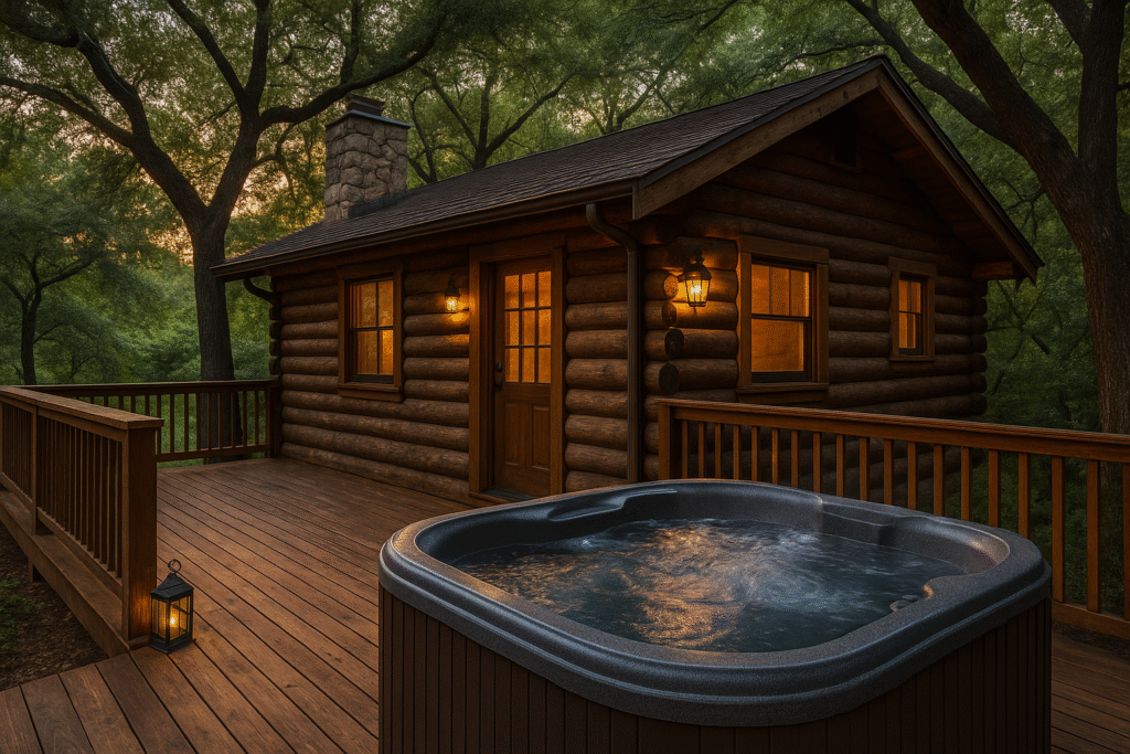 A rustic log cabin with a bubbling hot tub on a wooden deck surrounded by trees, perfectly illustrating Why Cabins with Hot Tubs Are the Ultimate Hill Country Move.