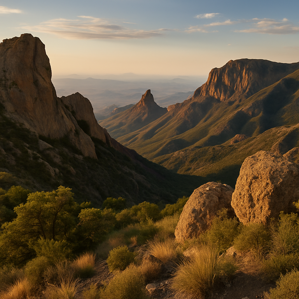 Sunset view of rugged peaks and valleys in the Chisos Mountains – Bring Snacks and Patience for this hike.