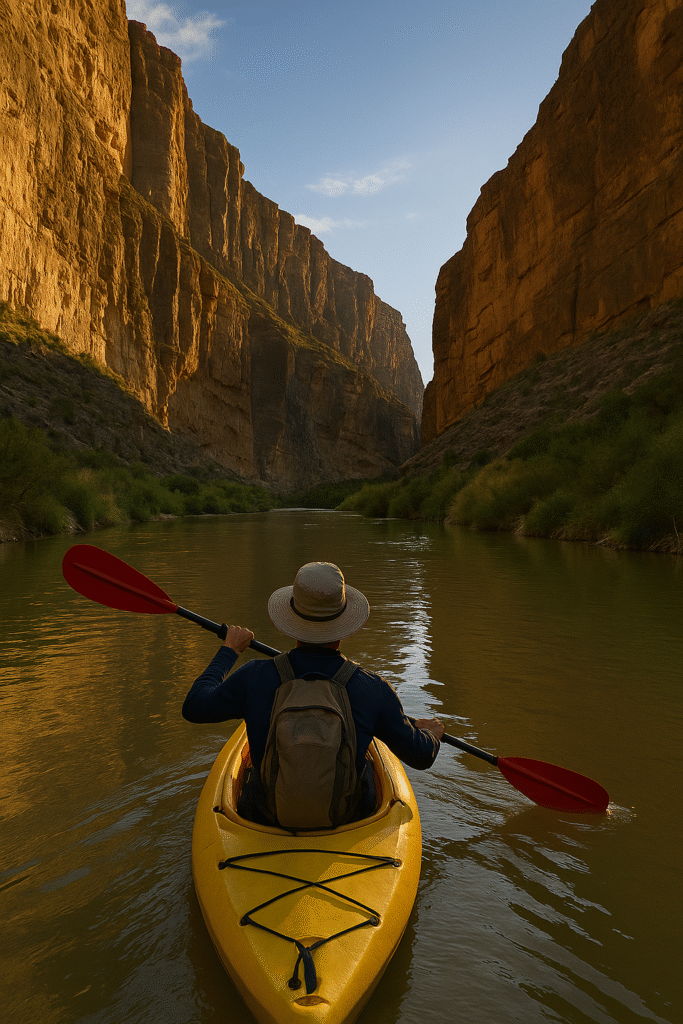 A kayaker paddling through Santa Elena Canyon during sunset, perfect for River Adventures on the Rio Grande.