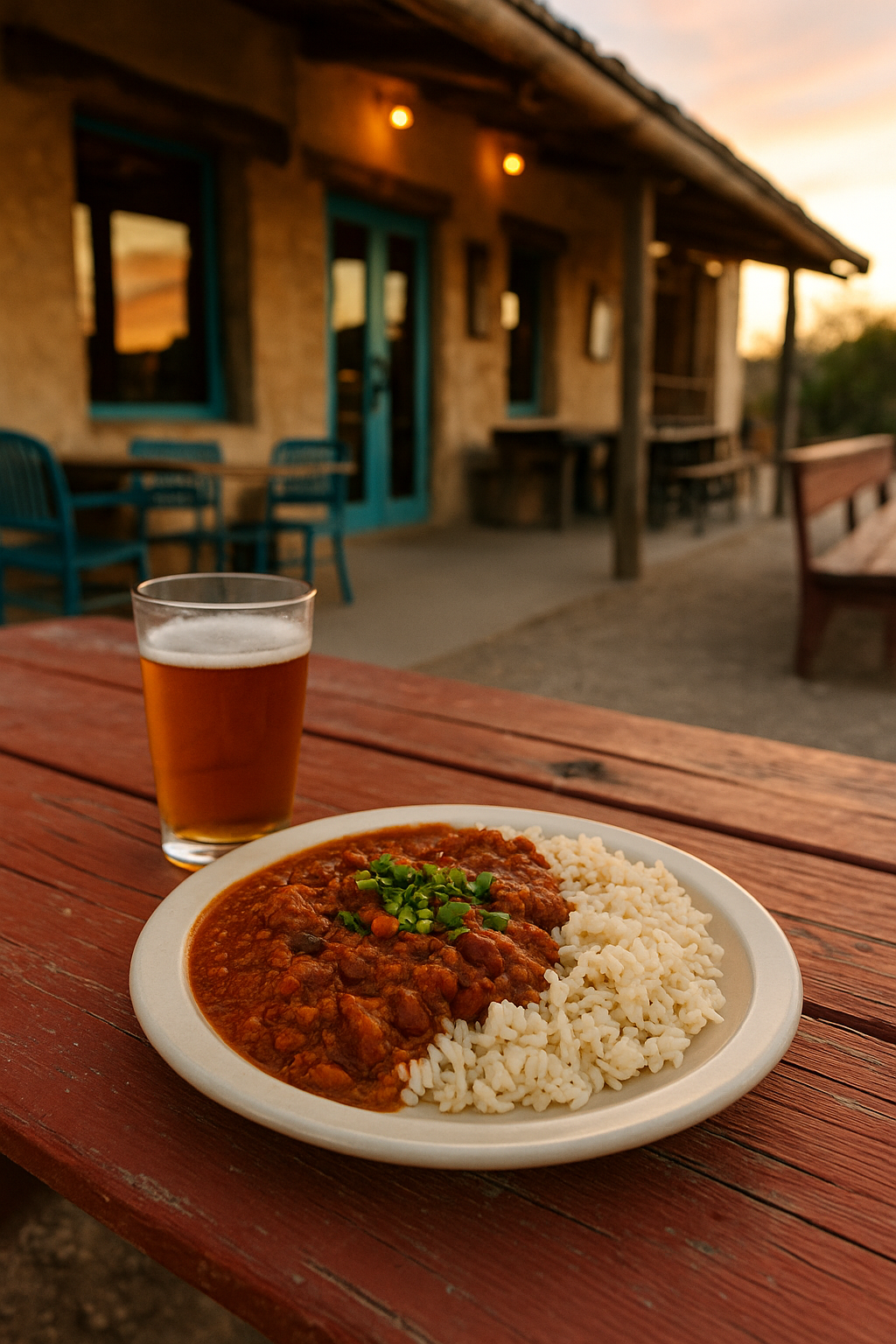 A hearty plate of chili with rice and a cold beer at a rustic outdoor cafe, showcasing Local Food That Hits Different in Terlingua.