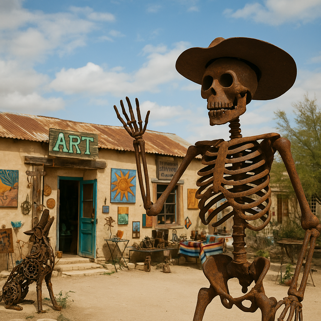 Rusty metal skeleton sculpture outside a desert gallery, perfectly capturing the vibe of Quirky Art and Oddball Shops in Terlingua.