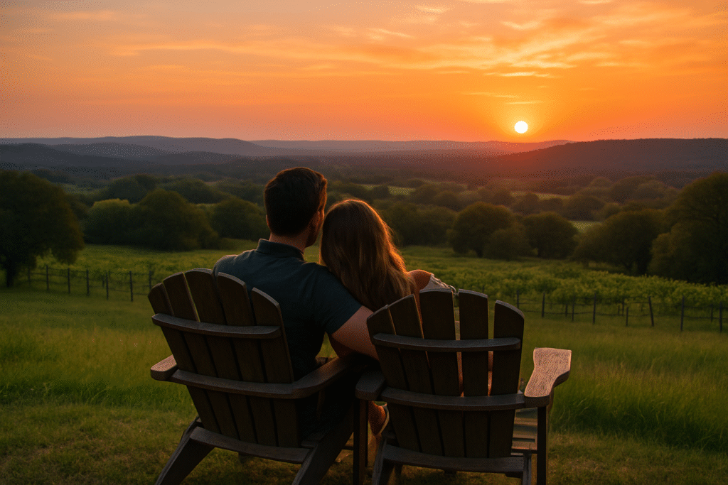 Couple enjoying a sunset over rolling hills and vineyards, perfect for romantic getaways in Texas Hill Country.