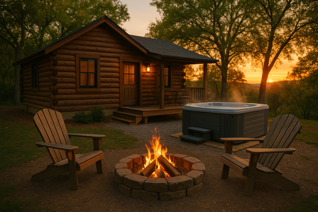 Cozy log cabin with hot tub and fire pit at sunset, ideal for Romantic Weekend Getaways in Texas Hill Country.