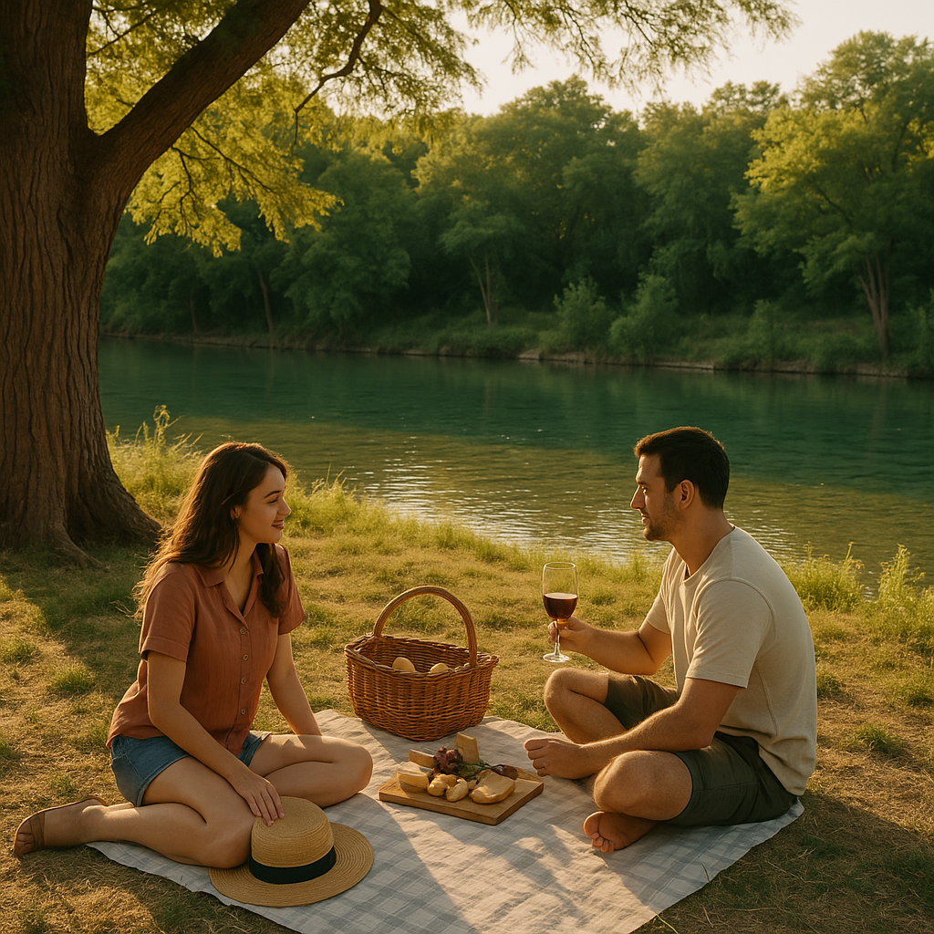 Couple enjoying a riverside picnic at sunset, showcasing the charm of Cheap Romantic Getaways in Texas Hill Country.