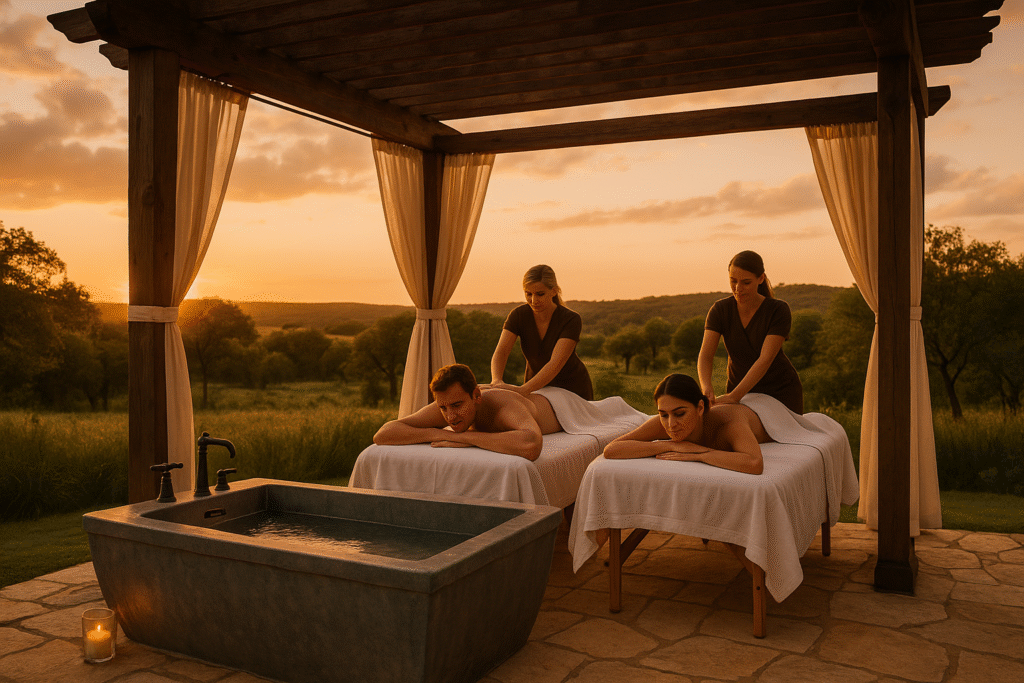 Couple enjoying outdoor massages at sunset, perfect for Romantic Spa Getaways in Texas Hill Country.