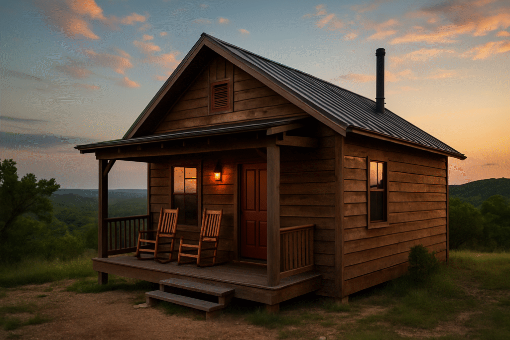 A rustic wooden cabin with rocking chairs on the porch, set against rolling green hills and a sunset sky, representing Texas Hill Country cabins.
