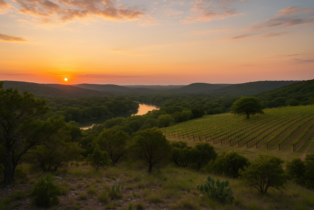 A breathtaking sunset over rolling hills, a winding river, and vineyards, showcasing what makes Texas Hill Country special.