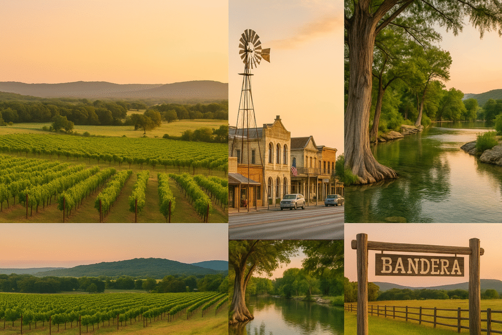 Scenic collage of vineyards, rivers, and small-town streets highlighting the best spots for Texas Hill Country cabins.