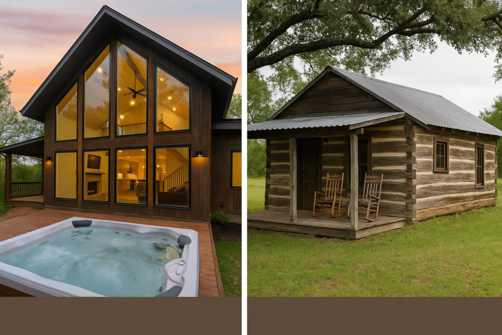 Side-by-side view showing a modern luxury cabin with a hot tub and large windows next to a rustic log cabin, illustrating Luxury Cabins vs. Traditional Cabins – What’s Worth It?
