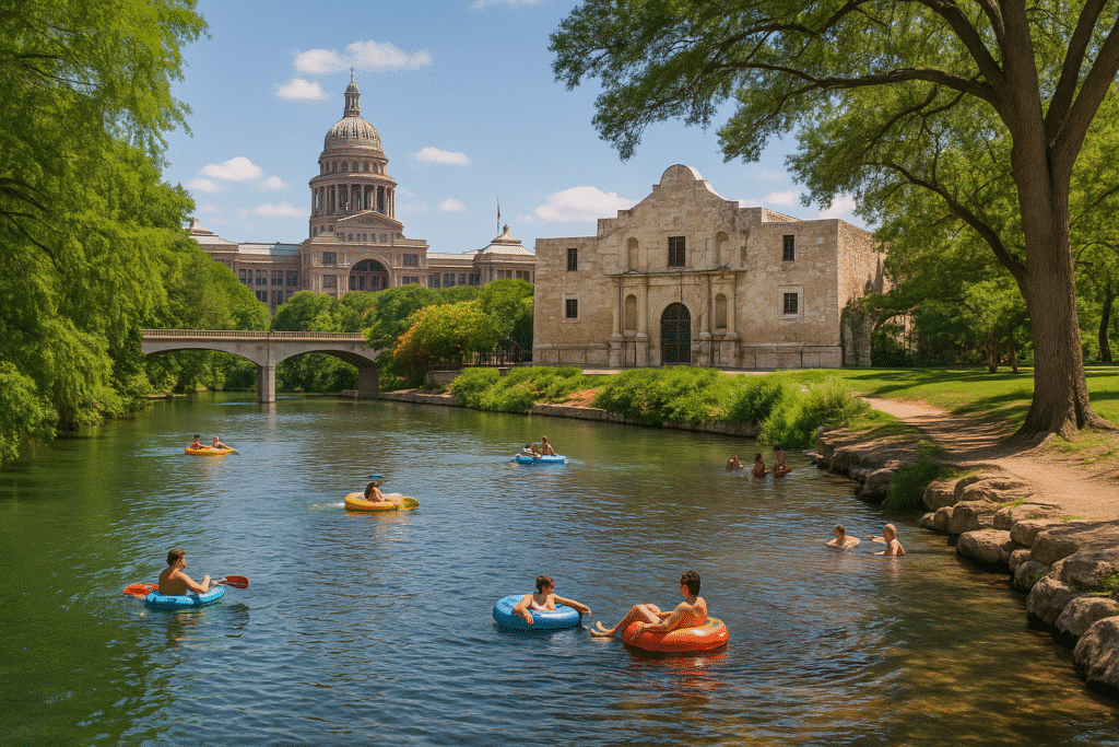 Families tubing and kayaking on a scenic river near historic landmarks, showcasing the Best Spots for Family Getaways in Texas.