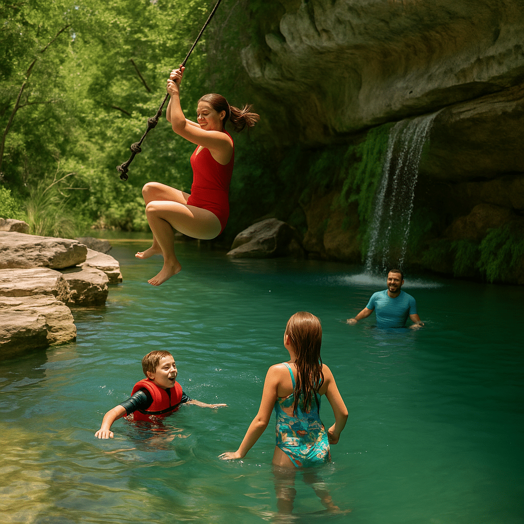 Family swimming and playing at a natural swimming hole with a waterfall, highlighting Fun Family Activities (That Aren’t Boring for Adults).