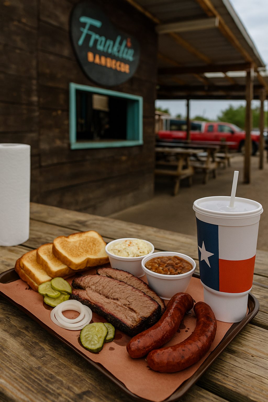 Classic Texas barbecue platter with brisket, sausage, and sides at an outdoor joint, representing Food Stops You Can’t Skip.