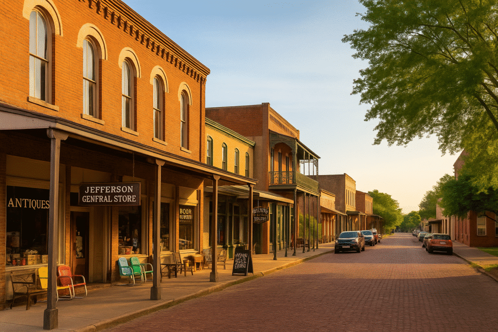 Historic downtown Jefferson with brick streets and antique shops, highlighting Top East Texas Weekend Getaways You’ll Love.
