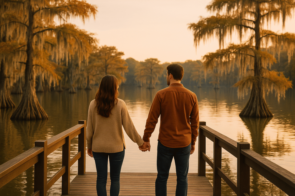 A couple holding hands on a pier at sunset over a serene lake, perfect for East Texas Getaways for Couples: Places Worth the Hype.