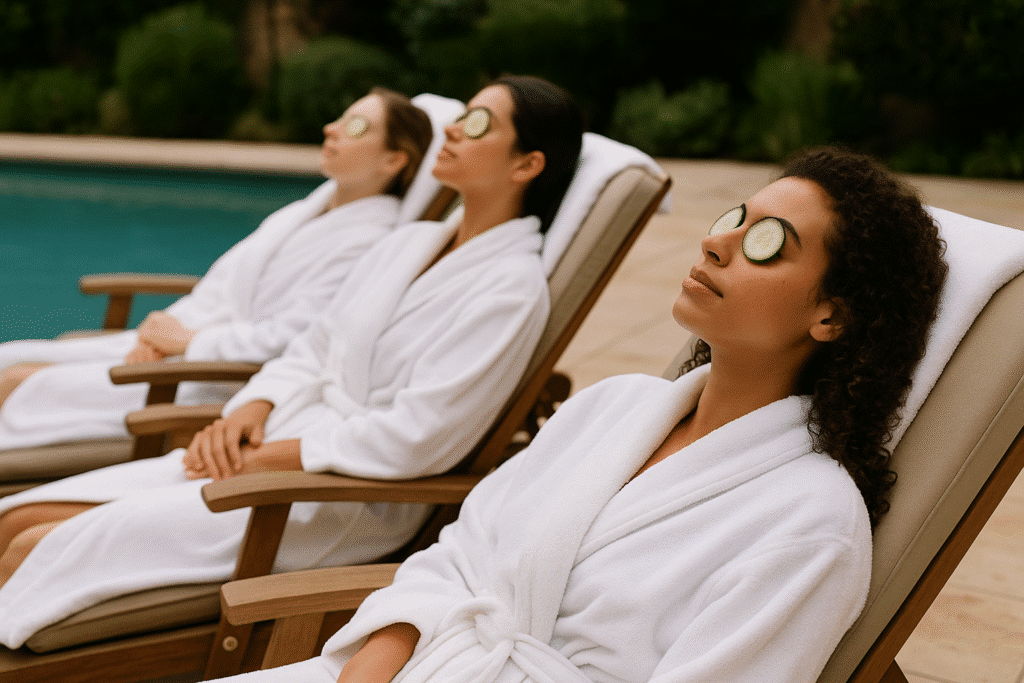 Women relaxing on poolside lounge chairs with cucumber eye masks, showcasing the serene luxury of Spa Resorts That’ll Make You Forget Real Life.