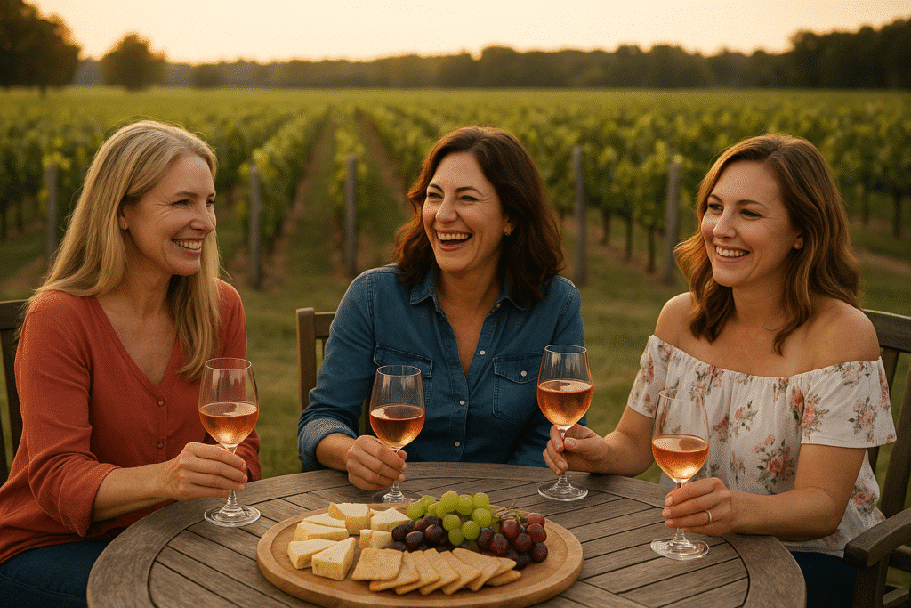 Friends enjoying wine and cheese at a vineyard table during sunset, capturing the charm of Wine Country Resorts for Girlfriend Trips.
