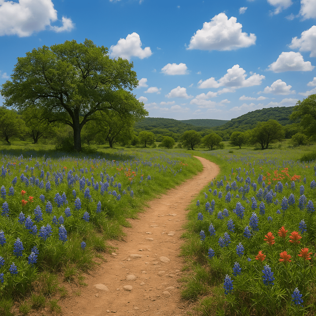 A scenic trail surrounded by blooming wildflowers and lush green hills under a bright blue sky, highlighting the Best Times of Year to Go Hiking in Hill Country Texas.