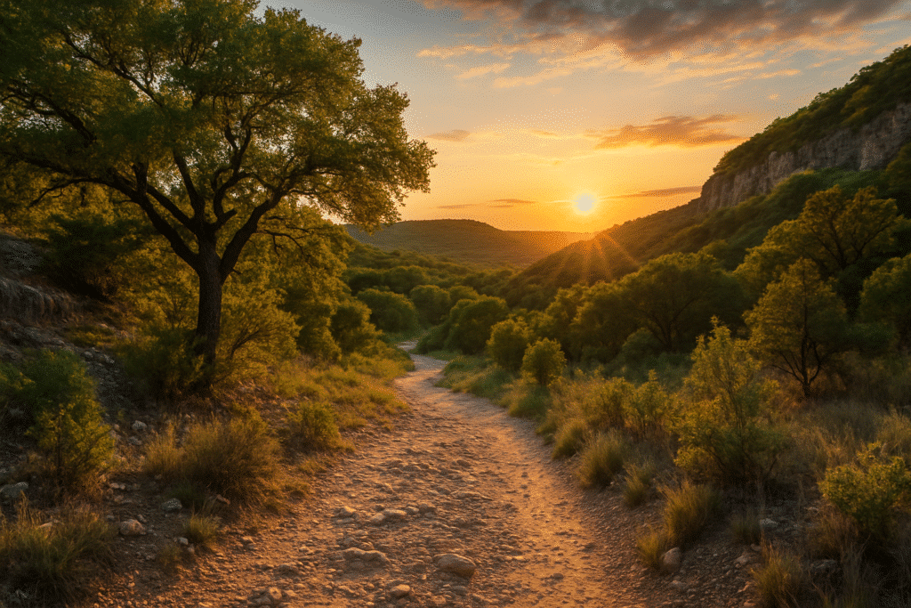 A rugged trail with limestone cliffs and oak trees at sunset, perfectly capturing what makes hiking in Hill Country Texas so special.