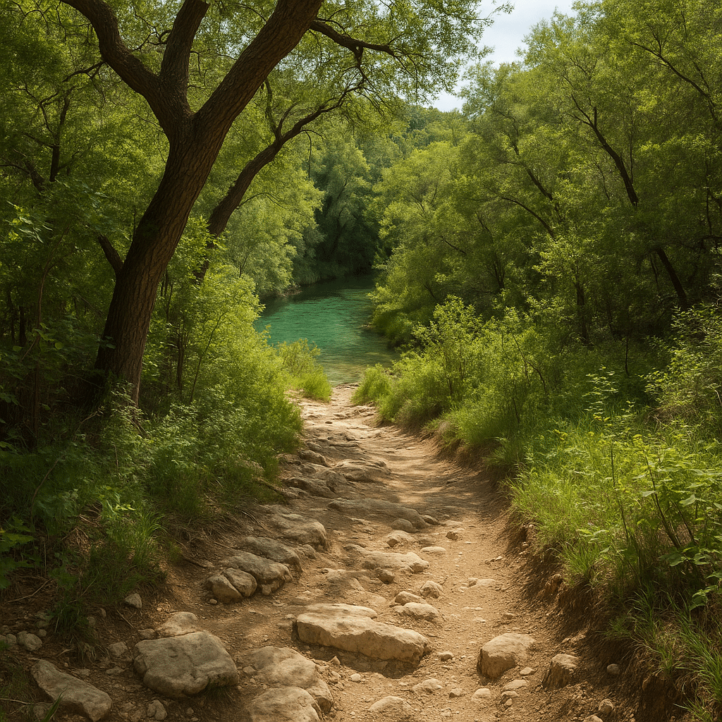 A shaded rocky path leading to a turquoise spring, showcasing the serene beauty of hidden trails in the Hill Country of Texas.