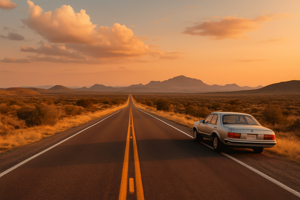 Open highway with a car parked on the side during a sunset, perfect for a scenic Texas road trip.