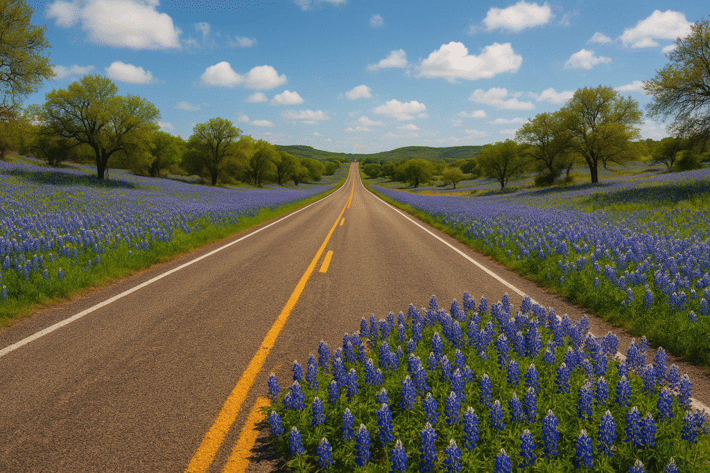 Scenic Texas road lined with blooming bluebonnets under a clear sky, symbolizing spring as the best time to plan a Texas road trip.