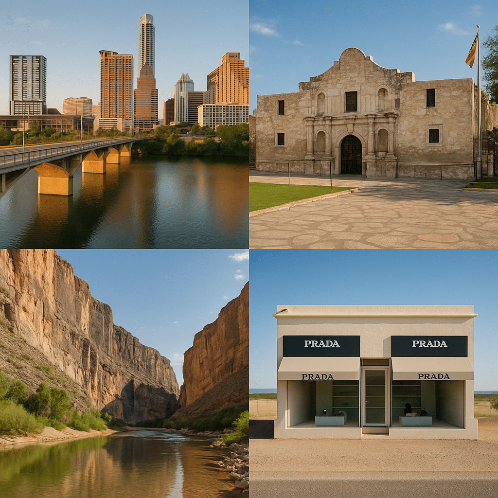 Collage of iconic Texas landmarks including Austin skyline, the Alamo, Santa Elena Canyon, and Prada Marfa, showcasing top destinations you can’t skip.