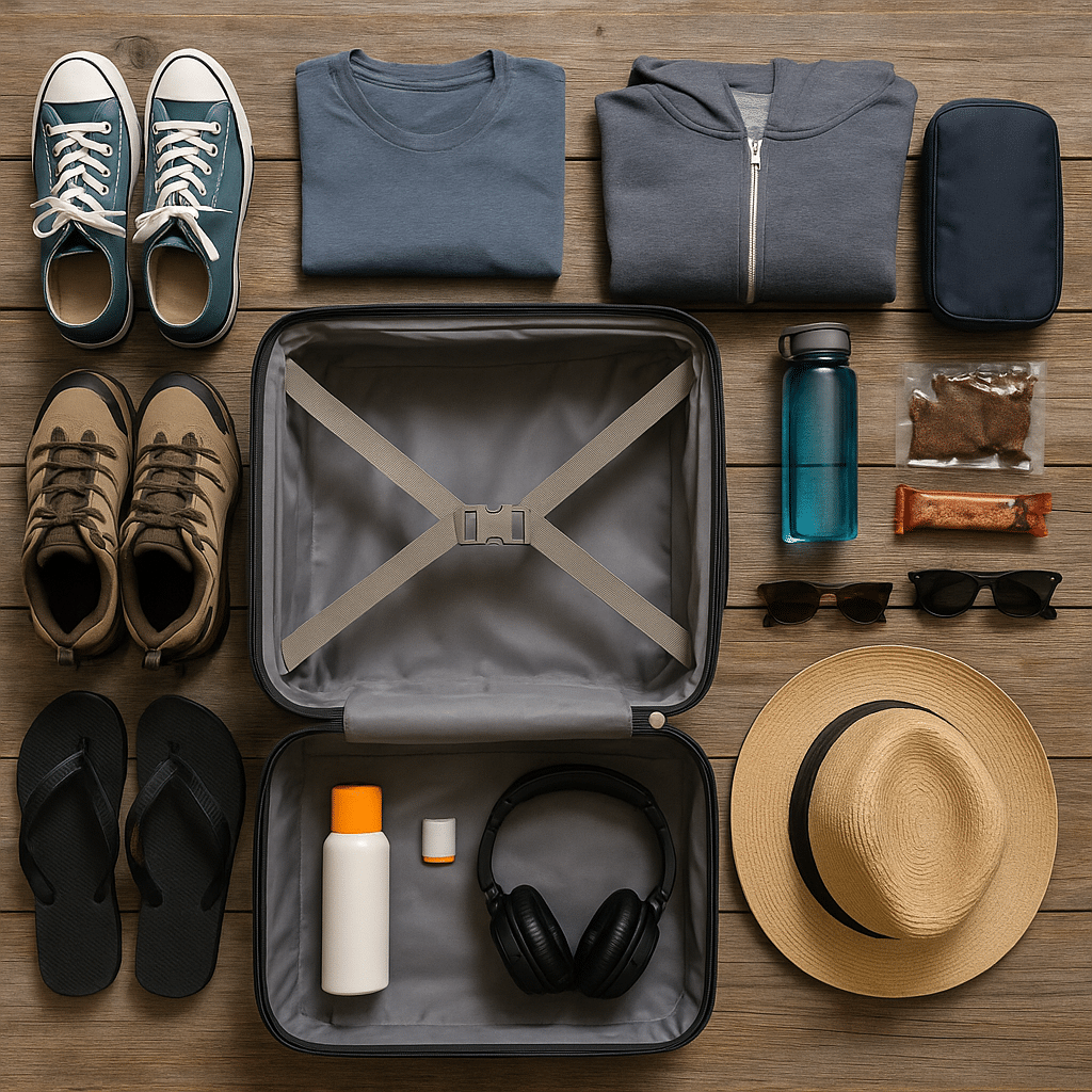 Essential travel gear including clothes, shoes, water bottle, hat, and snacks arranged around an open suitcase, illustrating packing tips for your Texas road trip.