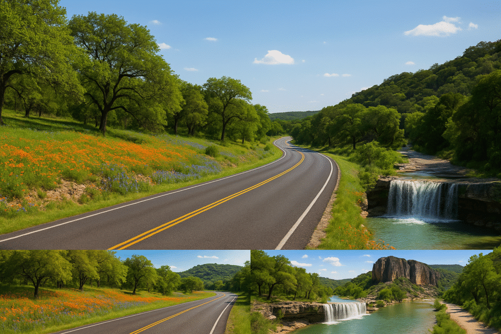 Scenic Texas Hill Country road lined with wildflowers and oak trees, with nearby waterfalls and hills, perfect for a Texas Hill Country road trip: wineries, waterfalls, and winding roads.