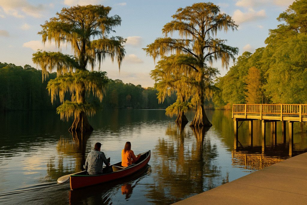 Couple canoeing on a serene lake surrounded by cypress trees, one of the fun things to do in East Texas.