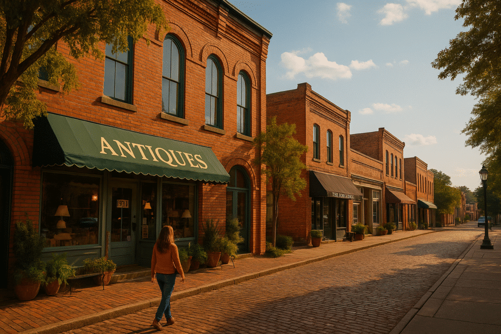 Historic small-town street in East Texas with brick buildings, antique shops, and a peaceful atmosphere.