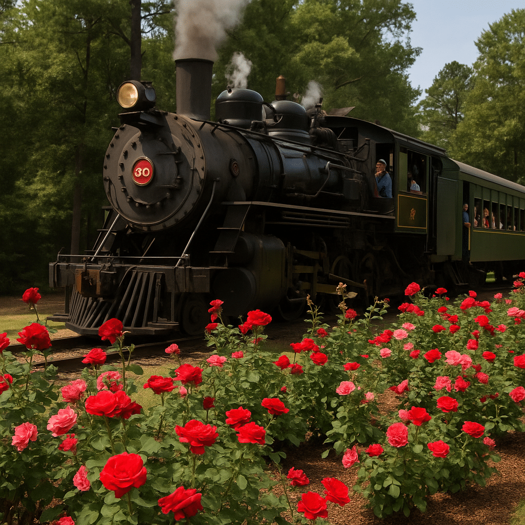 Vintage steam train passing by a blooming rose garden, a fun family activity in East Texas.