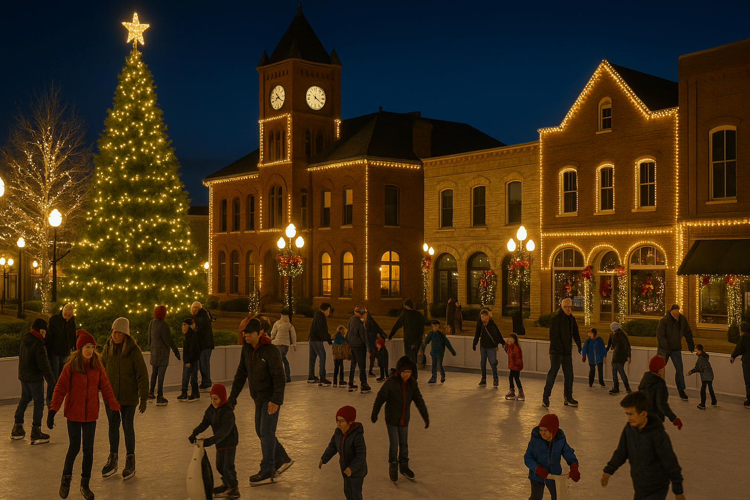 Families ice skating under Christmas lights in a festive East Texas town square.