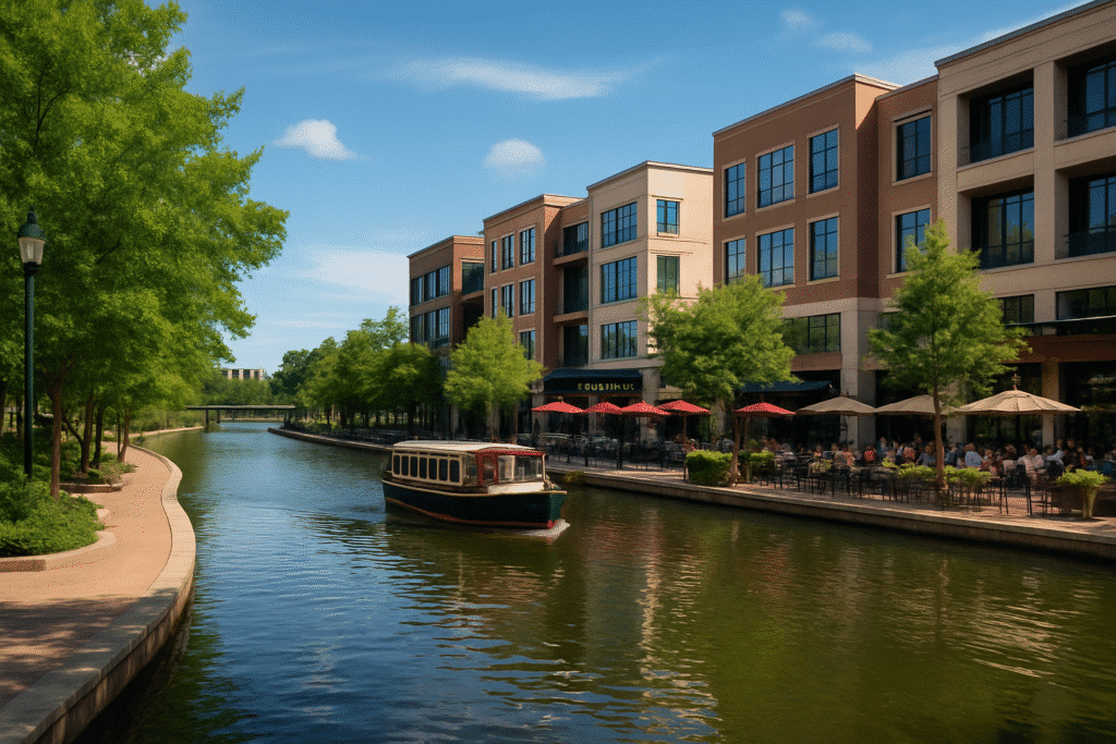 Scenic view of The Woodlands Waterway with boat rides, waterfront dining, and relaxing paths – top things to do in Woodlands Texas