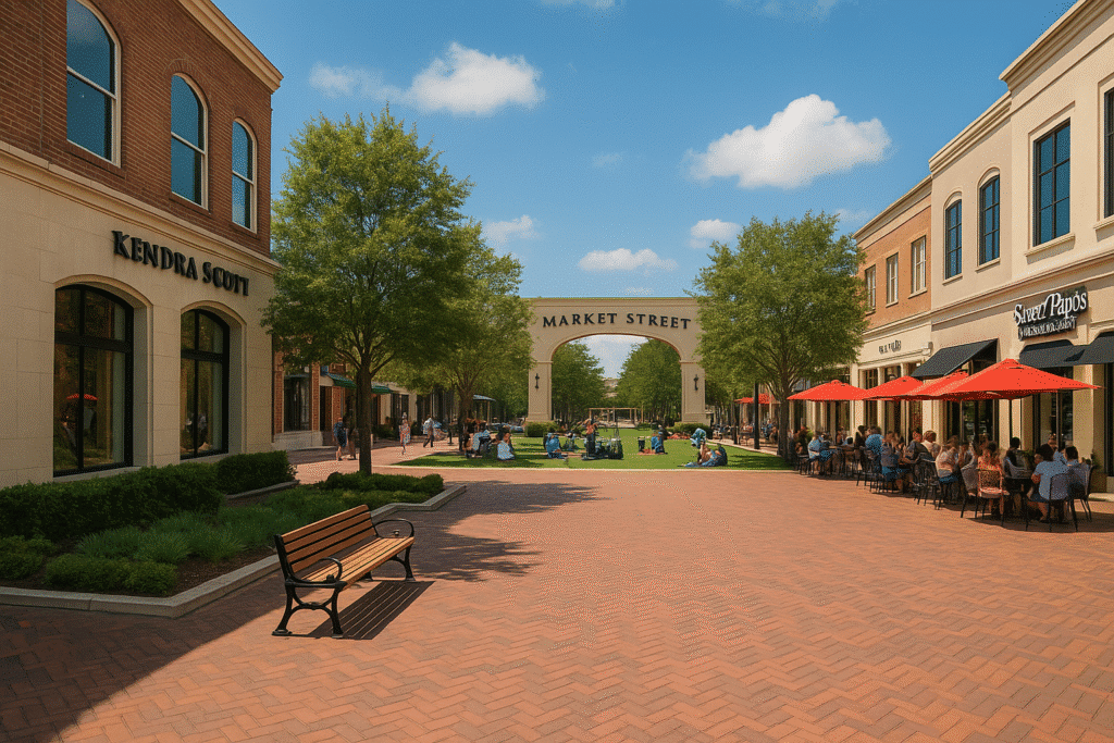 Market Street – Shopping with a Vibe featuring outdoor cafes, boutique stores, and a lively plaza under sunny skies.