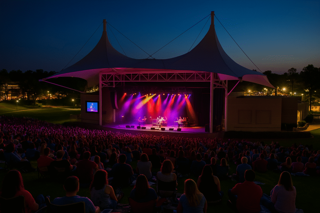 Cynthia Woods Mitchell Pavilion – Live Music Heaven with a vibrant outdoor concert under illuminated sails at dusk.