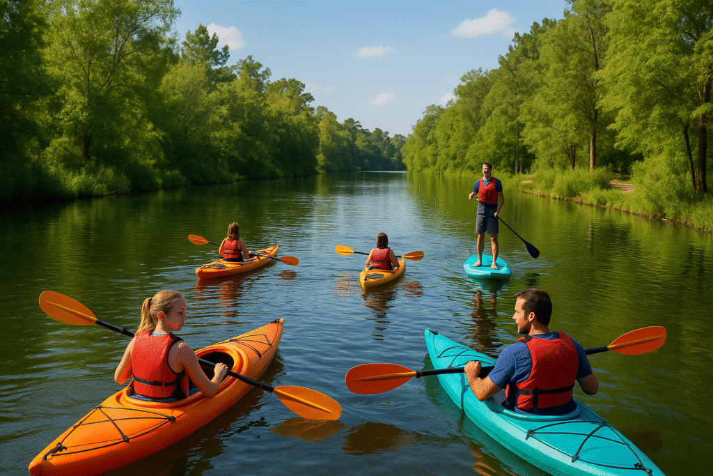 Kayaking and Paddleboarding – Getting on the Water with groups enjoying a calm lake surrounded by lush greenery.