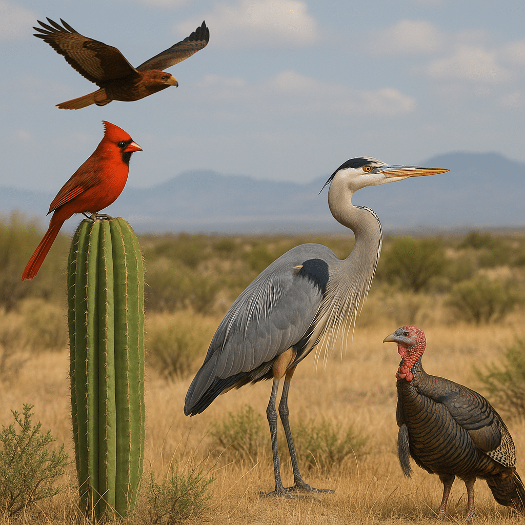 A cardinal, heron, hawk, and wild turkey in a desert landscape, representing the types of birds in West Texas (It’s more diverse than you think).