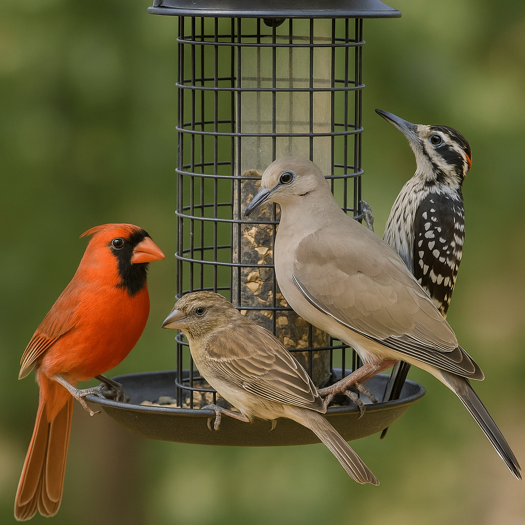 A Northern Cardinal, House Finch, White-winged Dove, and Ladder-backed Woodpecker gathered around a feeder, showcasing Backyard Birds of West Texas – Who’s Visiting Your Feeder?