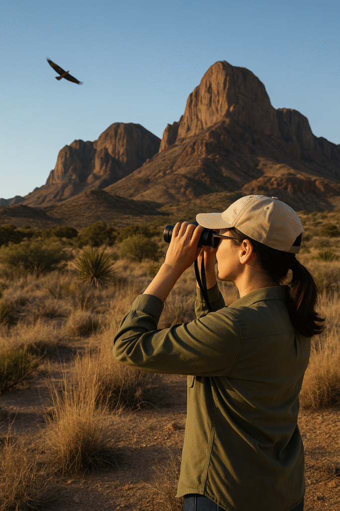 A woman using binoculars in a desert landscape with mountains and a soaring bird, highlighting Birdwatching Hotspots in West Texas.