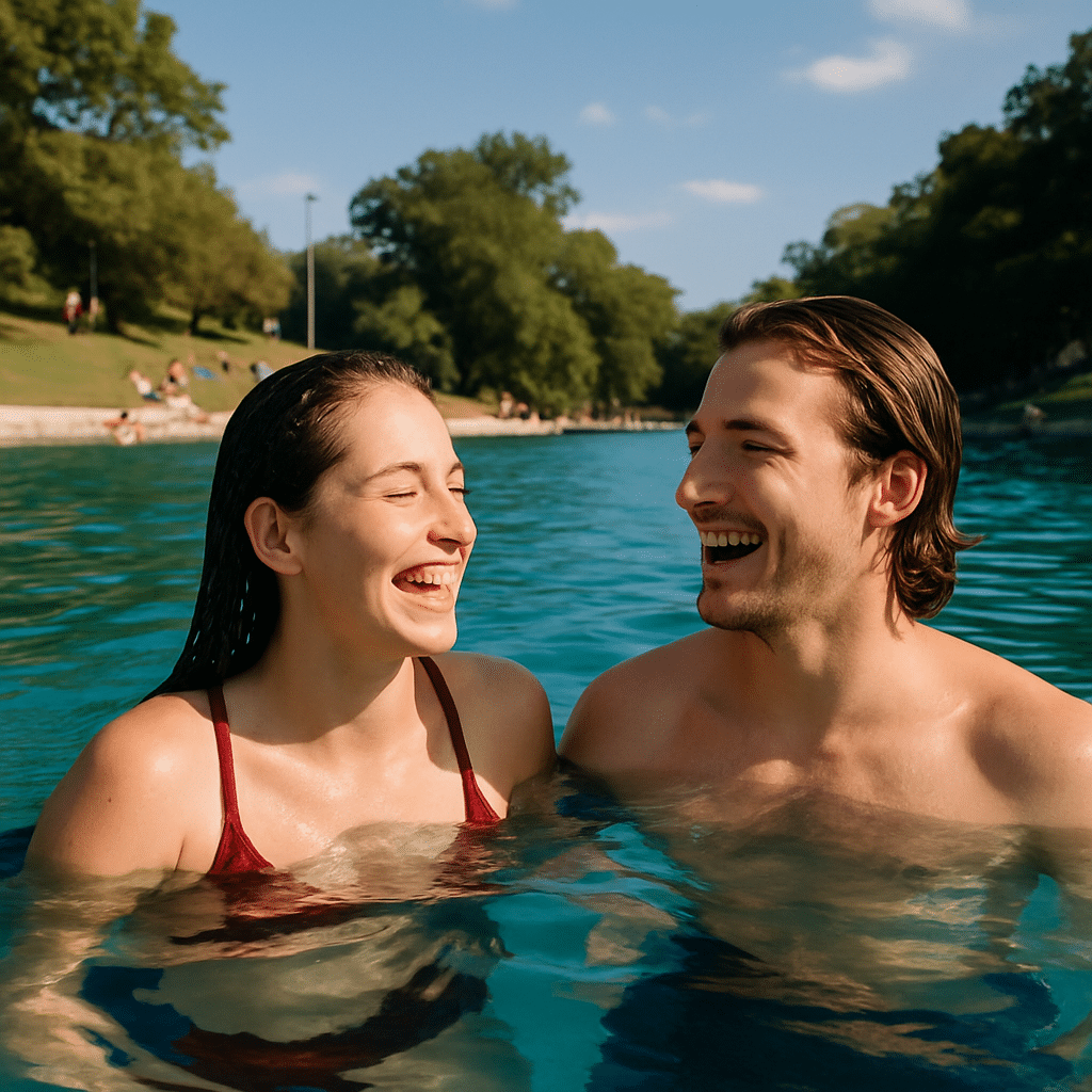 A smiling couple enjoying a sunny day swim at Barton Springs Pool (Because Who Doesn’t Love a Spontaneous Swim?) in Austin, Texas.