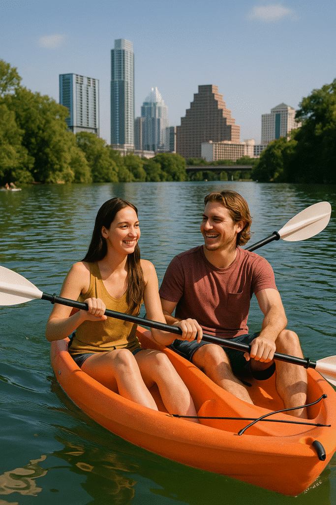 A happy couple kayaking on Lady Bird Lake with downtown Austin skyline in the background, capturing the vibe of Lady Bird Lake: Paddle, Picnic, Repeat.