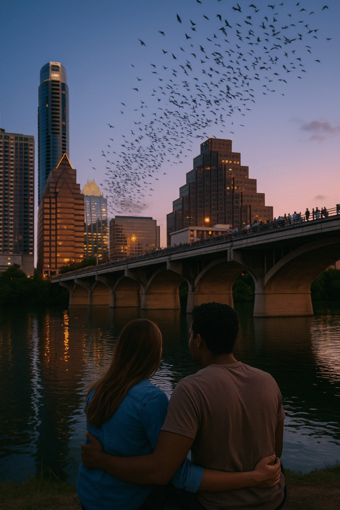 A couple watching bats fly at sunset over Lady Bird Lake during Bat-Watching at Congress Avenue Bridge in Austin, Texas.