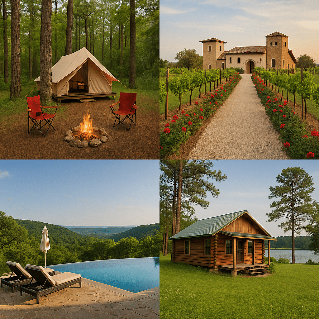 The Best Texas Staycations for Every Budget featuring a campsite, vineyard, infinity pool, and lakeside cabin in Texas.